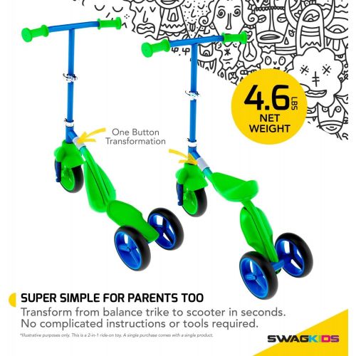 스웩트론 Swagtron K2 Toddler 3 Wheel Scooter & Ride-On Balance Trike 2-in-1 Adjustable for 2, 3, 4, 5 Year Old Boy or Girl Transforms in Seconds