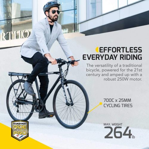 스웩트론 SWAGTRON EB12 Electric Bike | City Commuter eBike w/ 700c Wheels, 7-Speed Shimano Gears, Swappable Battery | Classic Diamond Frame & Flat Bar Design, Black, one Size