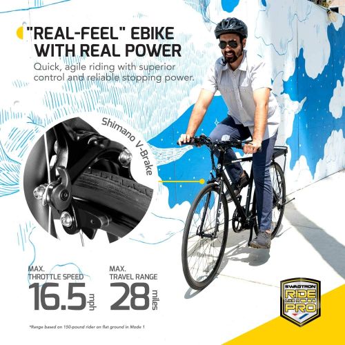 스웩트론 SWAGTRON EB12 Electric Bike | City Commuter eBike w/ 700c Wheels, 7-Speed Shimano Gears, Swappable Battery | Classic Diamond Frame & Flat Bar Design, Black, one Size