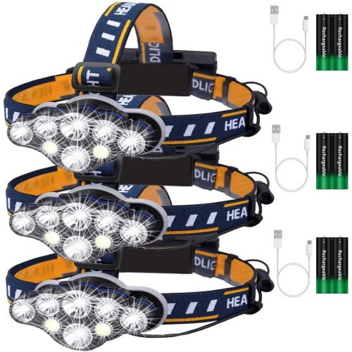  Swanlake 3Pack Head Lamp Rechargeable, 8 Lighting Modes Headlamp LED Rechargeable Super Bright 8000 Lumens Waterproof IPX4, Gifts for Men Hands-Free Flashlight Mens Gifts for Cycling, Hikin