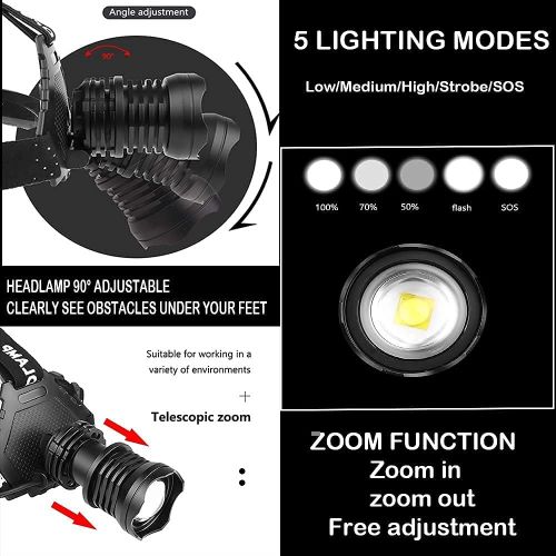  Swanlake Rechargeable Headlamp 50000 Lumens,High Power Super Bright LED Outdoor Head Lamp, 5 Modes,Zoomable, Waterproof Head Flashlight for Aldult Camping Running Fishing Hiking Night Work