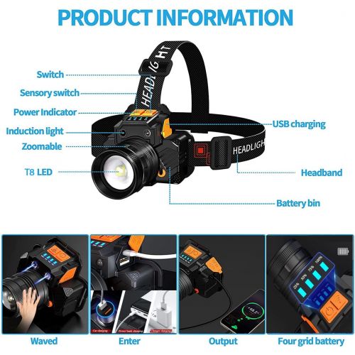  Swanlake Rechargeable Headlamp, 2000 High Lumen LED Head Flashlight, with Battery and Motion Sensor Head Lamp, Waterproof, Zoomable Outdoor Headlamp for Camping Hiking Running Cycling Fishi