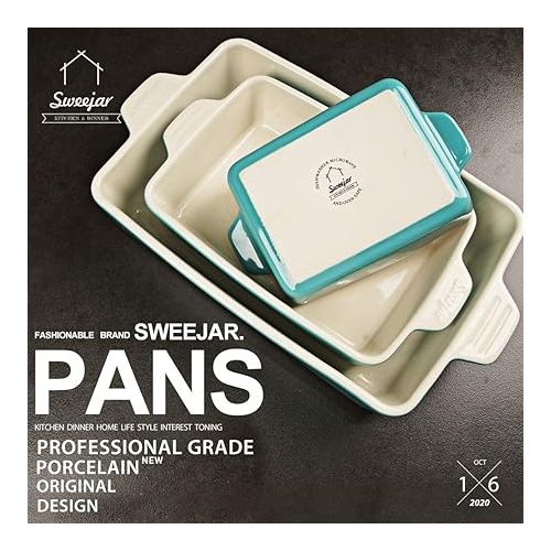  Sweejar Ceramic Bakeware Set, Rectangular Baking Dish Lasagna Pans for Cooking, Kitchen, Cake Dinner, Banquet and Daily Use, 11.8 x 7.8 x 2.76 Inches of Casserole Dishes (Turquoise)