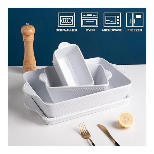  Sweejar Ceramic Baking Dish Lasagna Pans with Trivet, Rectangular Bakeware for Cooking, Kitchen, Cake Dinner, Banquet, 15.3x 9.6 x 2.8 Inches of Casserole Dishes（White）