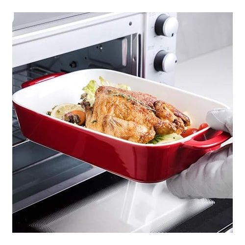  Sweejar Ceramic Bakeware Set, Rectangular Baking Dish for Cooking, Kitchen, Cake Dinner, Banquet and Daily Use, 12.8 x 8.9 Inches porcelain Baking Pans (Red)