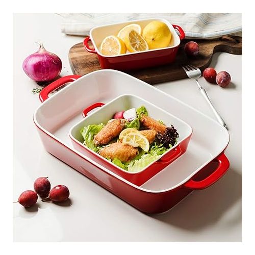  Sweejar Ceramic Bakeware Set, Rectangular Baking Dish for Cooking, Kitchen, Cake Dinner, Banquet and Daily Use, 12.8 x 8.9 Inches porcelain Baking Pans (Red)