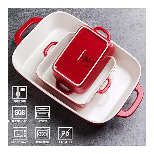  Sweejar Ceramic Bakeware Set, Rectangular Baking Dish for Cooking, Kitchen, Cake Dinner, Banquet and Daily Use, 12.8 x 8.9 Inches porcelain Baking Pans (Red)