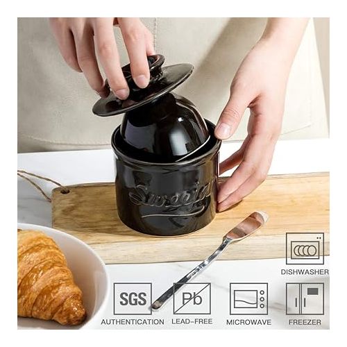  Sweejar Porcelain Butter Crock Keeper, French Butter Dish Keeps the Butter Fresh Soft & Spreadable, Serving Butter Easy for Bread Lovers Breakfast Kitchen Counter (Black)
