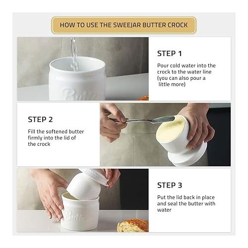  Sweejar Porcelain Butter Keeper Crock, French Butter Dish with Water Line, Ceramic Butter Container for soft butter (White)