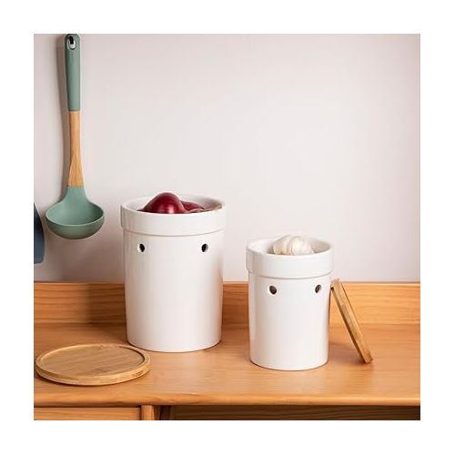  Sweejar Ceramic Garlic Keeper for Home & Kitchen, Porcelain Food Container with Activity Wooden Lid, Using for Fruit, Vegetable (Small)