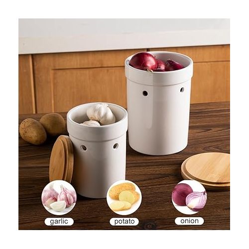  Sweejar Ceramic Garlic Keeper for Home & Kitchen, Porcelain Food Container with Activity Wooden Lid, Using for Fruit, Vegetable (Small)