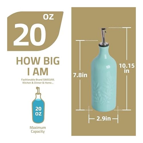  Sweejar Ceramic Olive Oil Dispenser Bottle, 20 Oz Relief Opaque Oil Cruet Protects Oil To Reduce Oxidation, Suitable for Storage Oil, Vinegar, Soy Sauce, Coffee Syrup, Liquids, Pack of 1 (Fog Blue)