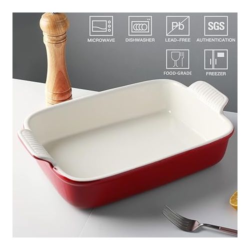  Sweejar Porcelain Baking Dish, Casserole Dish for Oven, 13 x 9.8 Inch Rectangular Bakeware, Lasagna Pan Deep with Handles for Cooking, Cake, Dinner, Kitchen, Banquet and Daily Use (Red)