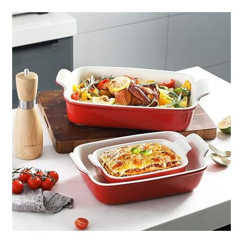  Sweejar Porcelain Baking Dish, Casserole Dish for Oven, 13 x 9.8 Inch Rectangular Bakeware, Lasagna Pan Deep with Handles for Cooking, Cake, Dinner, Kitchen, Banquet and Daily Use (Red)