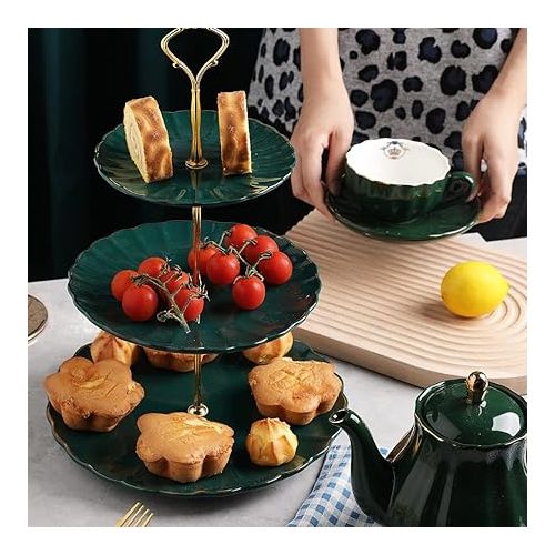  Sweejar 3 Tier Ceramic Cake Stand Wedding, Dessert Cupcake Stand for Tea Party Serving Platter (Jade)