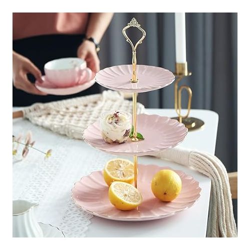  Sweejar 3 Tier Ceramic Cake Stand Wedding, Dessert Cupcake Stand for Tea Party Serving Platter (Pink)