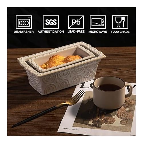  Sweejar Ceramic Baking Bread Loaf Pan, 9.3x5.3 Inch Rectangular Bread Baking Pan with Pattern, Bakeware for Home Kitchen (kiln-White)