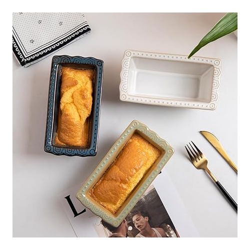  Sweejar Ceramic Baking Bread Loaf Pan, 9.3x5.3 Inch Rectangular Bread Baking Pan with Pattern, Bakeware for Home Kitchen (kiln-White)