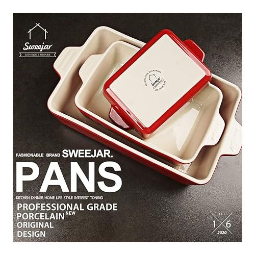  Sweejar Ceramic Bakeware Set, Rectangular Baking Dish Lasagna Pans for Cooking, Kitchen, Cake Dinner, Banquet and Daily Use, 11.8 x 7.8 x 2.75 Inches of Baking Pans (Red)