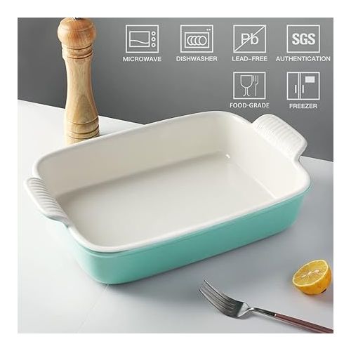  Sweejar Porcelain Baking Dish, Casserole Dish for Oven, 13 x 9.8 Inch Rectangular Bakeware, Lasagna Pan Deep with Handles for Cooking, Cake, Dinner, Kitchen, Banquet and Daily Use (Turquoise)
