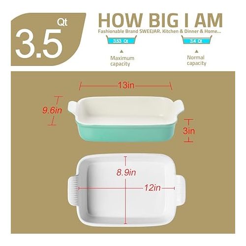  Sweejar Porcelain Baking Dish, Casserole Dish for Oven, 13 x 9.8 Inch Rectangular Bakeware, Lasagna Pan Deep with Handles for Cooking, Cake, Dinner, Kitchen, Banquet and Daily Use (Turquoise)