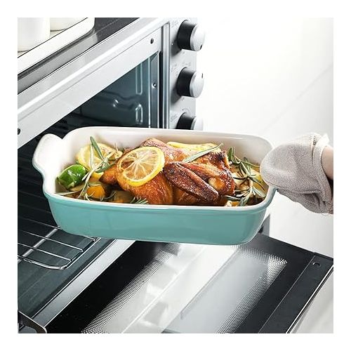  Sweejar Porcelain Baking Dish, Casserole Dish for Oven, 13 x 9.8 Inch Rectangular Bakeware, Lasagna Pan Deep with Handles for Cooking, Cake, Dinner, Kitchen, Banquet and Daily Use (Turquoise)