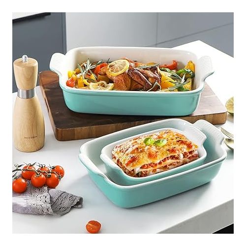  Sweejar Porcelain Baking Dish, Casserole Dish for Oven, 13 x 9.8 Inch Rectangular Bakeware, Lasagna Pan Deep with Handles for Cooking, Cake, Dinner, Kitchen, Banquet and Daily Use (Turquoise)