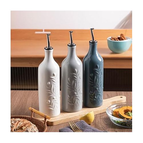  Sweejar Large Ceramic Olive Oil Dispenser Bottle, 24 Oz Relief Opaque Oil Cruet Protects Oil To Reduce Oxidation,Oil Dispenser for EVOO, Vinegar, Soy Sauce, Coffee Syrup, Liquids, Pack of 1 (Gray)