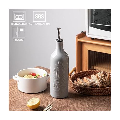  Sweejar Large Ceramic Olive Oil Dispenser Bottle, 24 Oz Relief Opaque Oil Cruet Protects Oil To Reduce Oxidation,Oil Dispenser for EVOO, Vinegar, Soy Sauce, Coffee Syrup, Liquids, Pack of 1 (Gray)