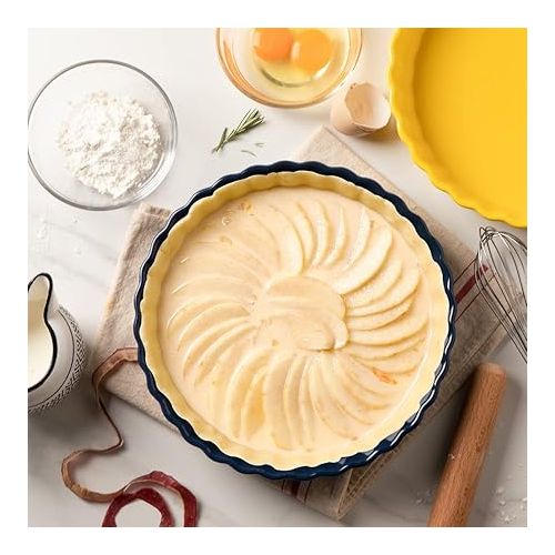  Sweejar Ceramic Pie Pan for Baking, 9.5 Inches Round Wavelet Fringe Pie Dish, Non-Stick Pie Plate for Pumpkin Pie, Apple Pie, Pie Pots (Navy)