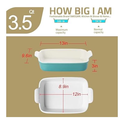  Sweejar Porcelain Baking Dish, Casserole Dish for Oven, 13 x 9.8 Inch Rectangular Bakeware, Lasagna Pan Deep with Handles for Cooking, Cake, Dinner, Kitchen, Banquet and Daily Use (Blue&Yellow)