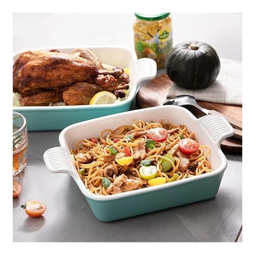  Sweejar Ceramic Baking Dish, 9 x 9 Cake Baking Pan for Brownie, Porcelain Square Bakeware with Double Handle for Casserole, Lasagna, Family Dinner (Turquosie)