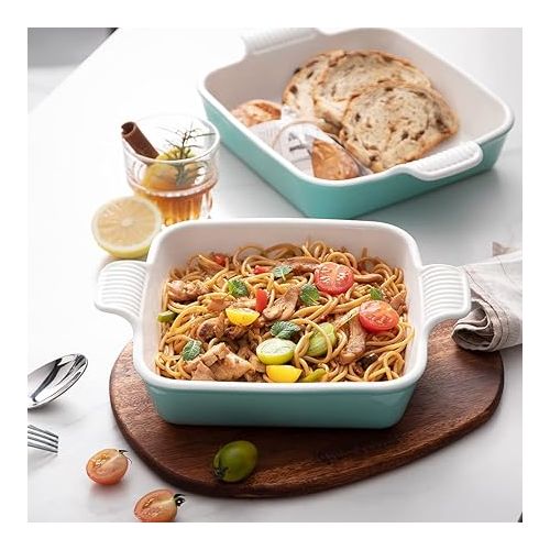  Sweejar Ceramic Baking Dish, 9 x 9 Cake Baking Pan for Brownie, Porcelain Square Bakeware with Double Handle for Casserole, Lasagna, Family Dinner (Turquosie)