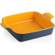 Sweejar Ceramic Baking Dish, 9 x 9 Cake Baking Pan for Brownie, Porcelain Square Bakeware with Double Handle for Casserole, Lasagna, Family Dinner (Blue&Yellow)