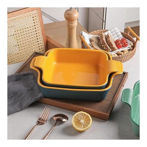  Sweejar Ceramic Baking Dish, 9 x 9 Cake Baking Pan for Brownie, Porcelain Square Bakeware with Double Handle for Casserole, Lasagna, Family Dinner (Blue&Yellow)