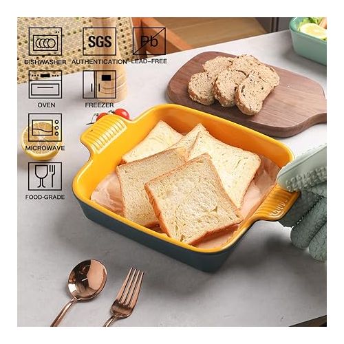  Sweejar Ceramic Baking Dish, 9 x 9 Cake Baking Pan for Brownie, Porcelain Square Bakeware with Double Handle for Casserole, Lasagna, Family Dinner (Blue&Yellow)