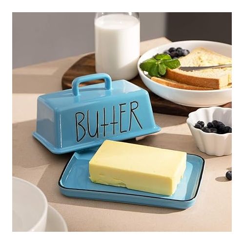  Sweejar Ceramic Butter Dish with Handle Lid, 7.3 Inch Porcelain Large Butter Keeper with Cover, Perfect for East/West Butter (Steel blue)