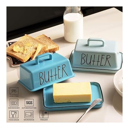  Sweejar Ceramic Butter Dish with Handle Lid, 7.3 Inch Porcelain Large Butter Keeper with Cover, Perfect for East/West Butter (Steel blue)