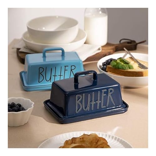  Sweejar Ceramic Butter Dish with Handle Lid, 7.3 Inch Porcelain Large Butter Keeper with Cover, Perfect for East/West Butter (Steel blue)