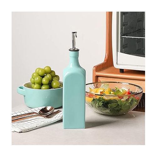  Sweejar Ceramic Olive Oil Dispenser Bottle, Opaque Oil Cruet Protects Oil To Reduce Oxidation, Suitable For Storage Of Oil, Vinegar, Soy Sauce And Other Liquids, 1 Piece, 19 Fl Oz (Turquoise)