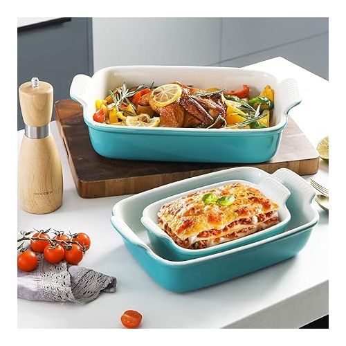  Sweejar Porcelain Bakeware Set for Cooking, Ceramic Rectangular Baking Dish Lasagna Pans for Casserole Dish, Cake Dinner, Kitchen, Banquet and Daily Use, 13 x 9.8 inch(Turquoise)