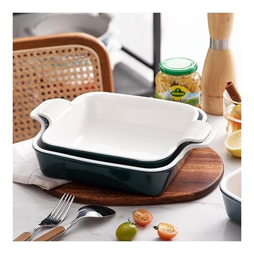  Sweejar Ceramic Baking Dish, 9 x 9 Cake Baking Pan for Brownie, Porcelain Square Bakeware with Double Handle for Casserole, Lasagna, Family Dinner (Jade)