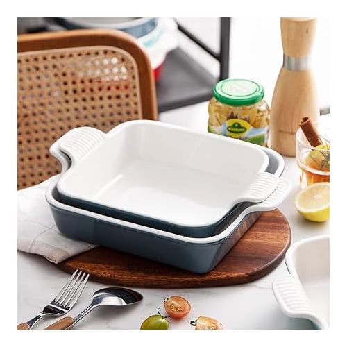  Sweejar Ceramic Baking Dish, 9 x 9 Cake Baking Pan for Brownie, Porcelain Square Bakeware with Double Handle for Casserole, Lasagna, Family Dinner (Fog Blue)