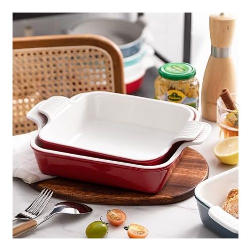  Sweejar Ceramic Baking Dish, 8 x 8 Cake Baking Pan for Brownie, Porcelain Square Bakeware with Double Handle for Casserole, Lasagna, Family Dinner (Red)