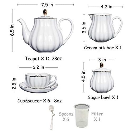  Porcelain Tea Sets British Royal Series, 8 OZ Cups& Saucer Service for 6, with Teapot Sugar Bowl Cream Pitcher Teaspoons and tea strainer for Tea/Coffee, Pukka Home (Pure White)