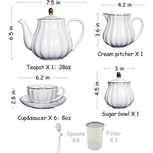  Porcelain Tea Sets British Royal Series, 8 OZ Cups& Saucer Service for 6, with Teapot Sugar Bowl Cream Pitcher Teaspoons and tea strainer for Tea/Coffee, Pukka Home (Pure White)