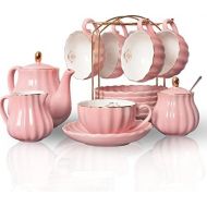 [아마존베스트]Porcelain Tea Sets British Royal Series, 8 OZ Cups& Saucer Service for 6, with Teapot Sugar Bowl Cream Pitcher Teaspoons and tea strainer for Tea/Coffee, Pukka Home (Pink)