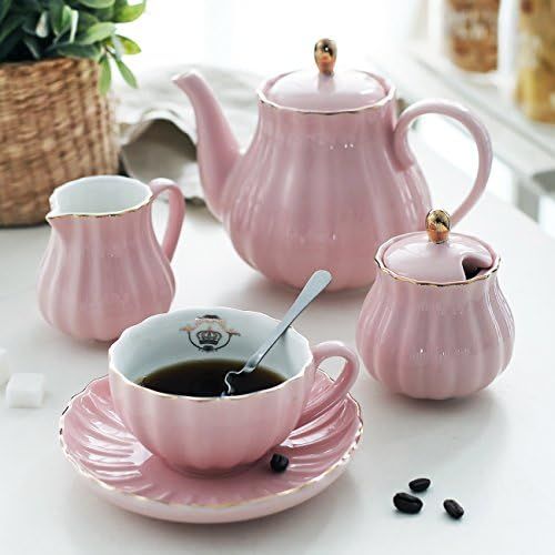  [아마존베스트]Porcelain Tea Sets British Royal Series, 8 OZ Cups& Saucer Service for 6, with Teapot Sugar Bowl Cream Pitcher Teaspoons and tea strainer for Tea/Coffee, Pukka Home (Pink)