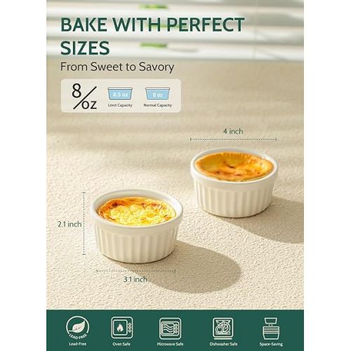  Sweese 8 oz Ramekins Set of 6, Creme Brulee Ramekins Oven Safe, Porcelain Ramiken Set, Souffle, Custard Cups for Baking and Ice Cream Bowl, White