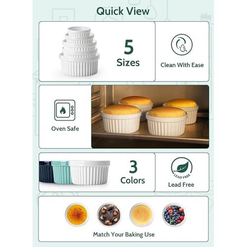  Sweese 8 oz Ramekins Set of 6, Creme Brulee Ramekins Oven Safe, Porcelain Ramiken Set, Souffle, Custard Cups for Baking and Ice Cream Bowl, White